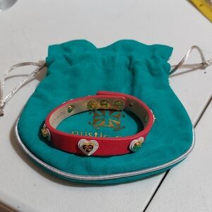 Rustic Cuff Red Genuine Leather Gold Tone White Heart Motif Accent Wrap Bracelet